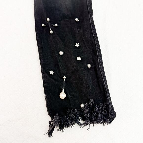 Calzedonia Silver Stud Pearl Accent Frayed Hem Denim Jeans Black Size Small - Picture 4 of 9